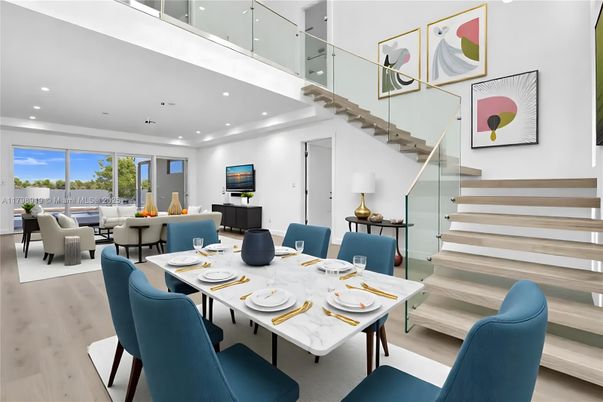 Dining room, Interior, Living room, Recessed Lighting, Wood Texture Flooring