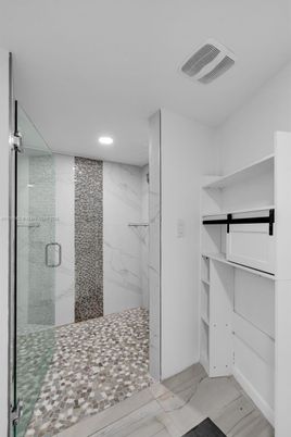 Bathroom, Glass Shower, Interior, Marble Walls, Recessed Lighting