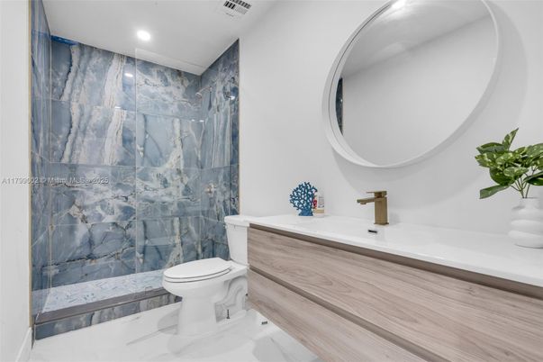 Bathroom, Glass Shower, Interior, Marble Walls, Recessed Lighting