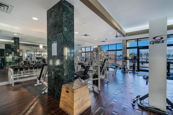 Fitness Equipment, Gym, Interior, Recessed Lighting, Wood Texture Flooring