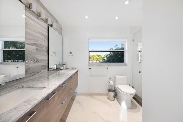Bathroom, Dual Sink Vanities, Interior, Marble, Recessed Lighting