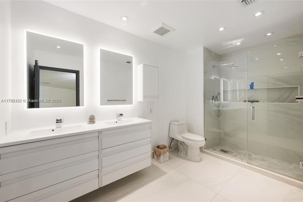 Bathroom, Dual Sink Vanities, Glass Shower, Interior, Recessed Lighting