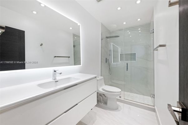 Bathroom, Glass Shower, Interior, Marble, Marble Walls, Recessed Lighting