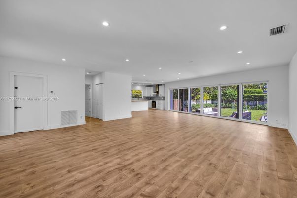 Empty room, Interior, Kitchen, Recessed Lighting, Wood Texture Flooring