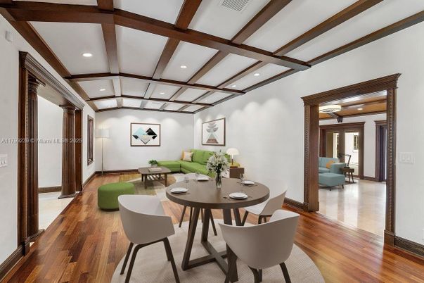 Dining room, Interior, Living room, Recessed Lighting, Wooden Beams, Wood Texture Flooring