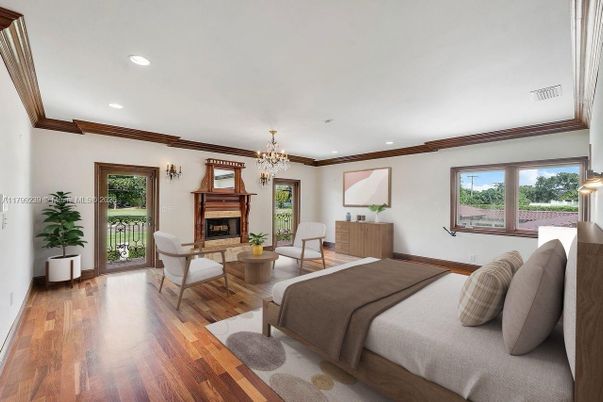 Bedroom, Chandelier, Fireplace, Interior, Recessed Lighting, Wood Texture Flooring