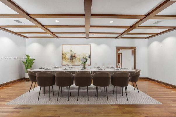 Dining room, Interior, Recessed Lighting, Wooden Beams, Wood Texture Flooring