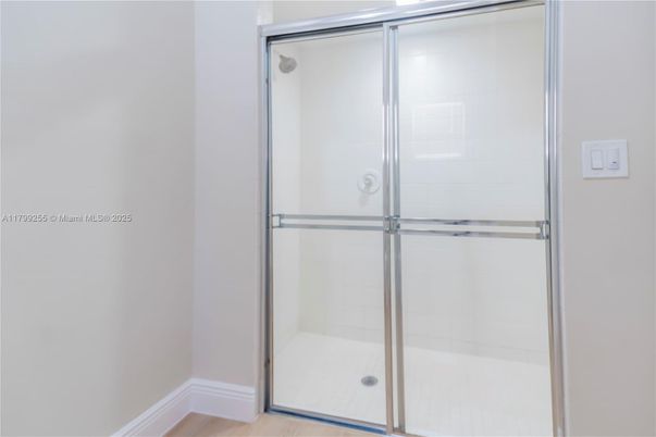 Bathroom, Glass Shower, Interior, Wood Texture Flooring