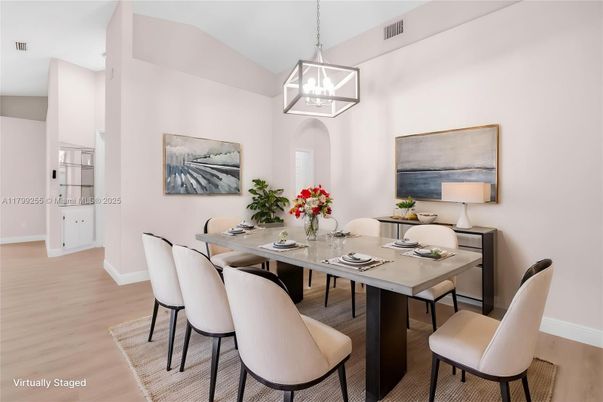 Dining room, Interior, Pendant Lights, Wood Texture Flooring