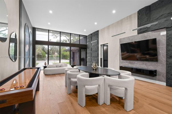 Dining room, Fireplace, Interior, Living room, Recessed Lighting, Wood Texture Flooring