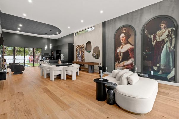 Dining room, Interior, Living room, Pendant Lights, Recessed Lighting, Wood Texture Flooring