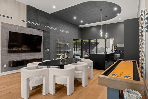 Dining room, Game Room, Interior, Pendant Lights, Recessed Lighting, Wood Texture Flooring