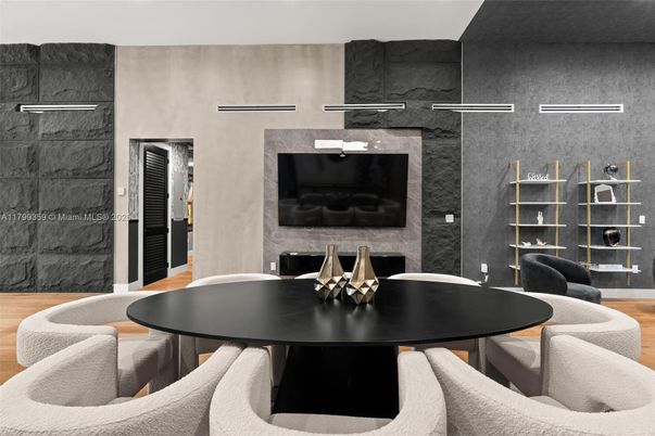 Dining room, Fireplace, Interior, Stone Walls, Wood Texture Flooring