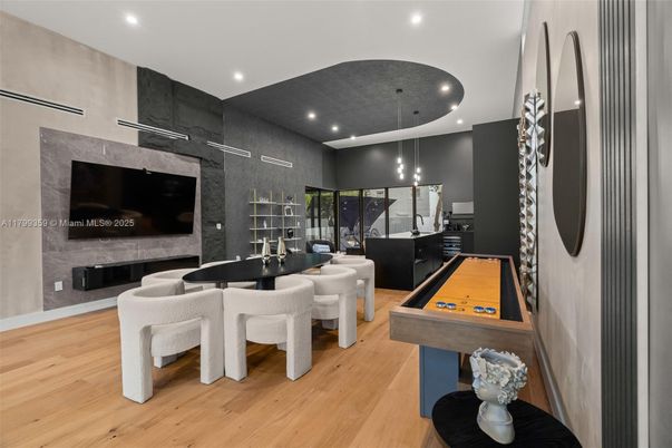 Billiard Table, Dining room, Game Room, Interior, Kitchen, Pendant Lights, Recessed Lighting, Wood Texture Flooring