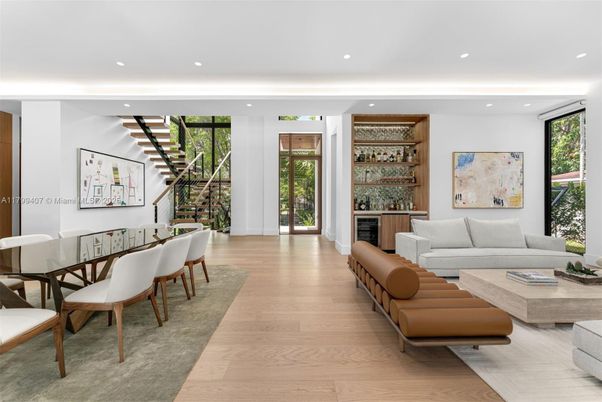 Dining room, Interior, Living room, Recessed Lighting, Wood Texture Flooring
