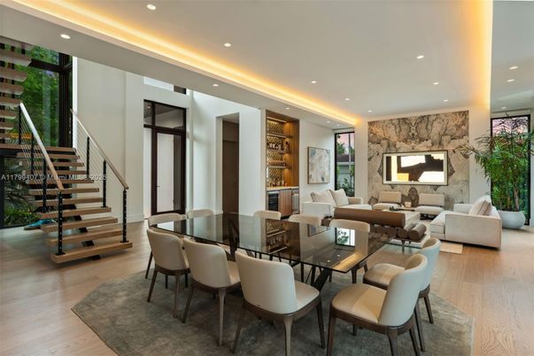 Dining room, Interior, Living room, Marble Walls, Recessed Lighting, Wood Texture Flooring