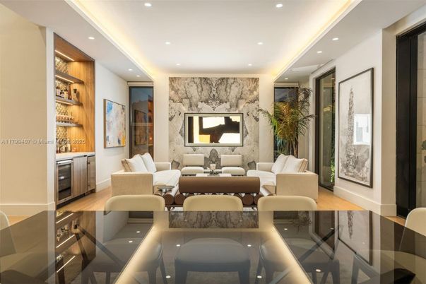 Interior, Living room, Marble Walls, Recessed Lighting, Wood Texture Flooring