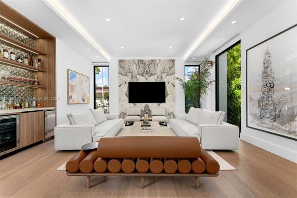 Interior, Living room, Recessed Lighting, Stone Walls, Wood Texture Flooring