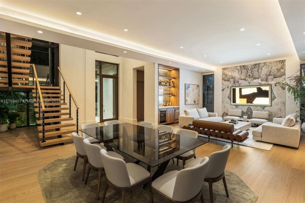 Dining room, Interior, Living room, Recessed Lighting, Stone Walls, Wood Texture Flooring