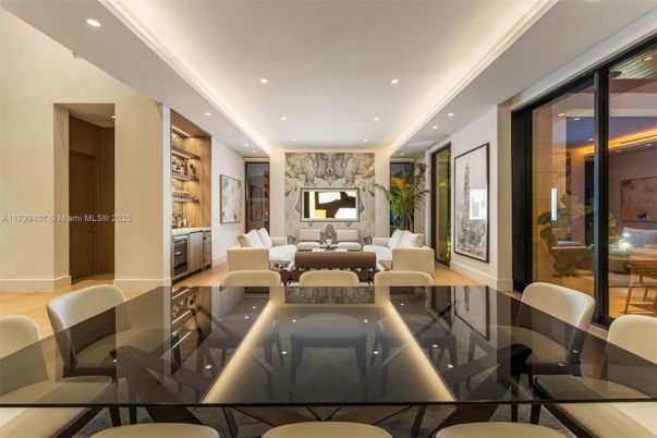Dining room, Fireplace, Interior, Living room, Recessed Lighting, Wood Texture Flooring