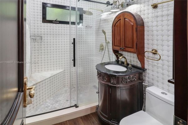 Bathroom, Glass Shower, Interior, Wood Texture Flooring