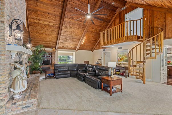 Fireplace, Interior, Living room, Recessed Lighting, Stone Walls, Wooden Beams, Wooden Ceilings