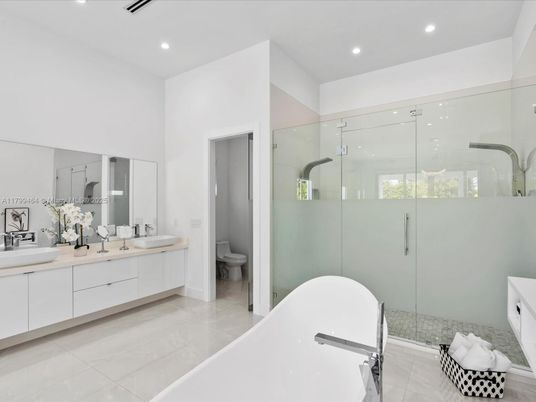Bathroom, Dual Sink Vanities, Glass Shower, Interior, Recessed Lighting