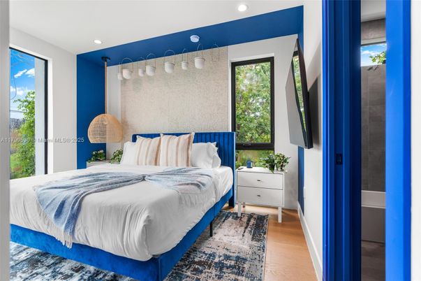 Bedroom, Interior, Recessed Lighting, Wood Texture Flooring