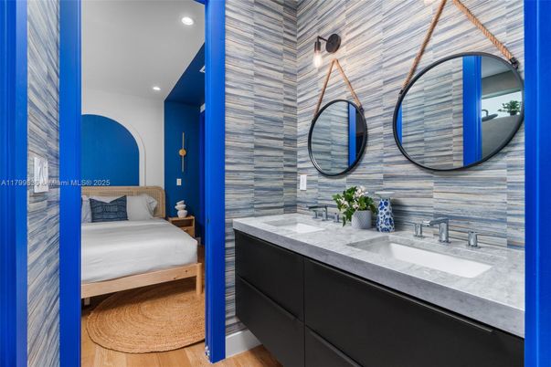 Bathroom, Bedroom, Dual Sink Vanities, Interior, Recessed Lighting, Wood Texture Flooring