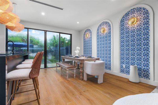 Dining room, Interior, Pendant Lights, Recessed Lighting, Wood Texture Flooring