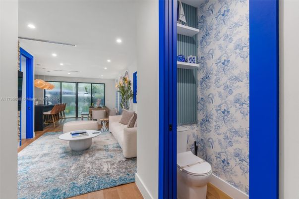 Bathroom, Dining room, Interior, Living room, Recessed Lighting, Wood Texture Flooring