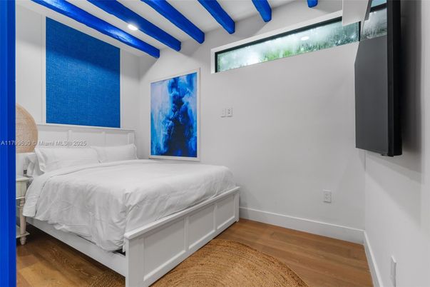 Bedroom, Interior, Recessed Lighting, Wooden Beams, Wood Texture Flooring