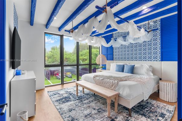 Bedroom, Interior, Recessed Lighting, Wooden Beams, Wood Texture Flooring