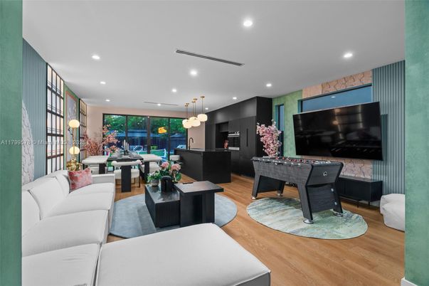 Billiard Table, Game Room, Interior, Kitchen, Living room, Pendant Lights, Recessed Lighting, Wood Texture Flooring