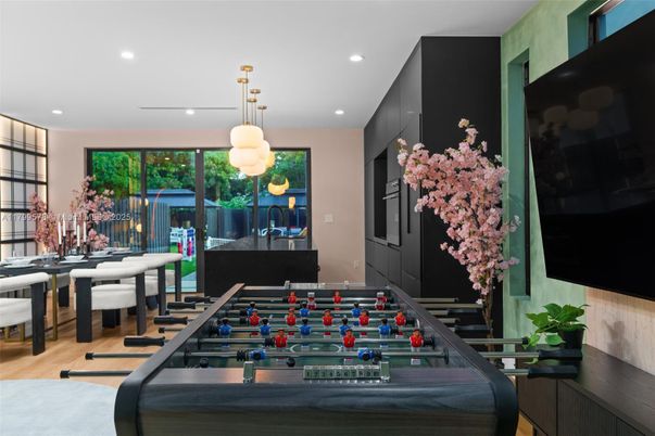 Dining room, Interior, Pendant Lights, Recessed Lighting, Wood Texture Flooring