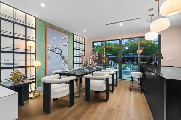 Dining room, Interior, Pendant Lights, Recessed Lighting, Wood Texture Flooring