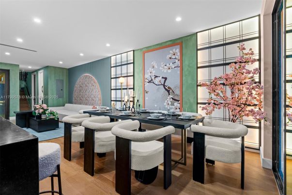 Dining room, Interior, Recessed Lighting, Wood Texture Flooring