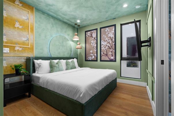 Bedroom, Interior, Pendant Lights, Recessed Lighting, Wood Texture Flooring
