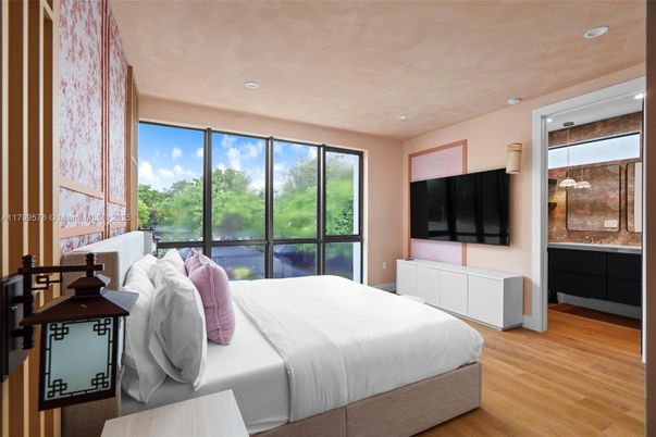Bedroom, Interior, Pendant Lights, Recessed Lighting, Wood Texture Flooring