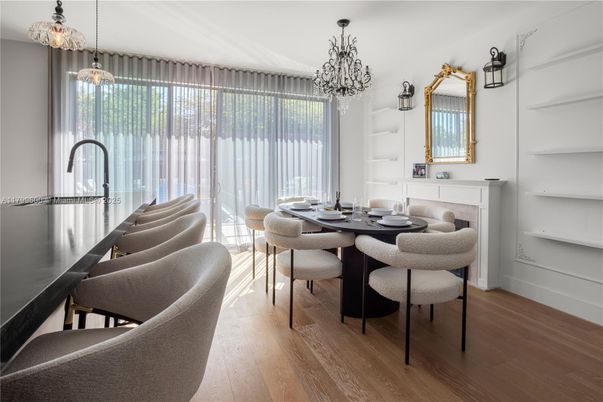 Chandelier, Dining room, Fireplace, Interior, Pendant Lights, Wood Texture Flooring