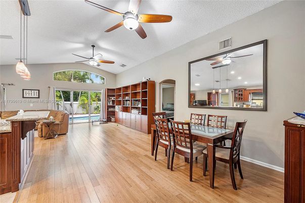 Dining room, Interior, Pendant Lights, Recessed Lighting, Wood Texture Flooring