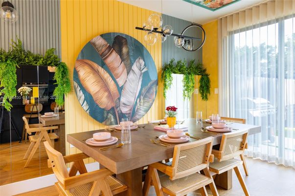 Dining room, Interior, Pendant Lights, Wood Texture Flooring