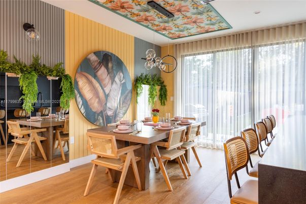 Dining room, Interior, Pendant Lights, Wood Texture Flooring