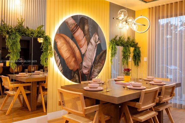Dining room, Interior, Pendant Lights, Wood Texture Flooring