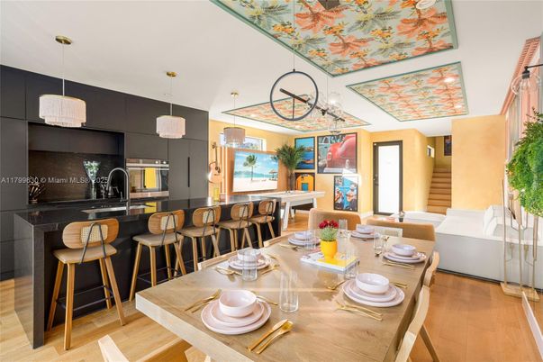 Dining room, Interior, Kitchen, Pendant Lights, Stainless Steel Appliances, Wood Texture Flooring