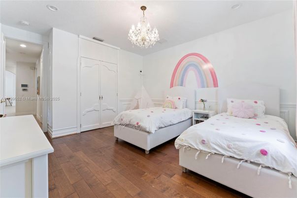 Bedroom, Chandelier, Interior, Recessed Lighting, Wood Texture Flooring