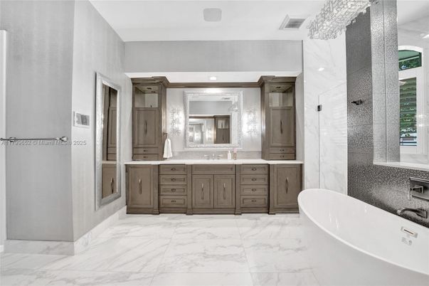 Bathroom, Dual Sink Vanities, Free Standing Baths, Interior, Marble, Marble Walls, Recessed Lighting