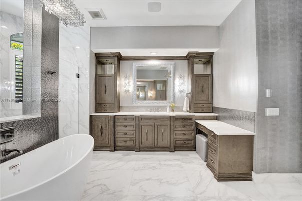 Bathroom, Dual Sink Vanities, Free Standing Baths, Interior, Marble, Marble Walls, Recessed Lighting