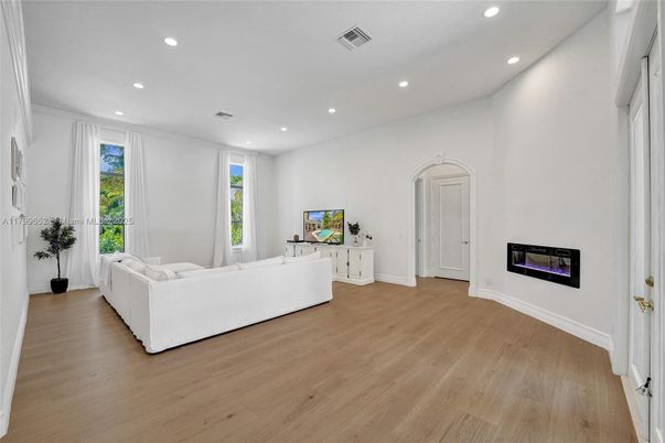 Fireplace, Interior, Living room, Recessed Lighting, Wood Texture Flooring