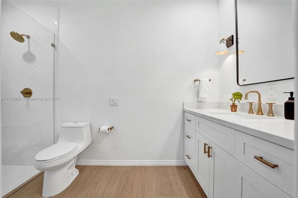 Bathroom, Glass Shower, Interior, Wood Texture Flooring